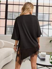 Hauture Women's Loose Casual Lace Patchwork Asymmetrical Hem T-Shirt, Summer - Black - View 2