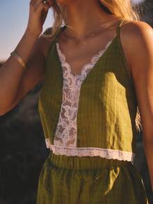 Aralina Two Pieces Vacation Lace Trim Festival Texture Summer Spring Swim Beach Cover Up Cami Short 2 Pieces - Army Green - View 3