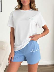 SHEIN Women Cotton 2 Pcs Contrasy Colour Love Lettered Detail Top&Shorts Homewear Pajama Set - White - View 3