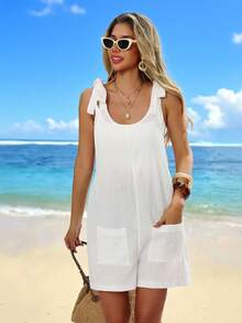 Swim Vcay 女士夏季沙滩系带宽松休闲度假口袋连体裤 - 白色 - 查看 5