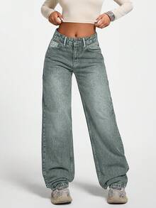 LOW WAIST CASUAL STYLE DENIM STRAIGHT - Teal Blue - View 1