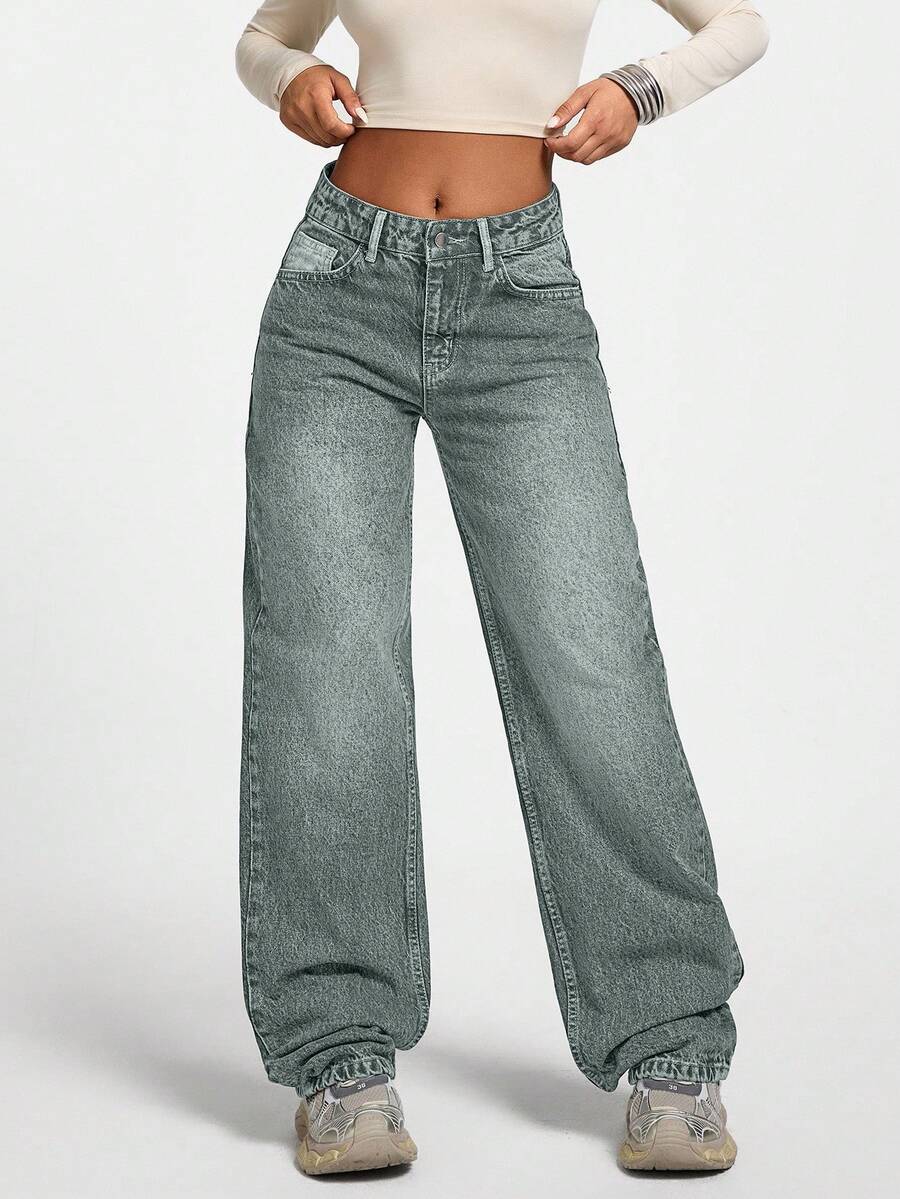 LOW WAIST CASUAL STYLE DENIM STRAIGHT - Teal Blue - View 1