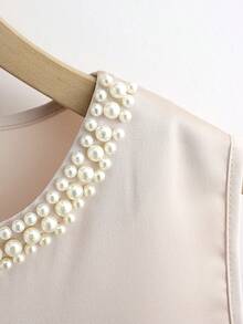 Franclia Women's Spring And Summer Round-Neck Open-Neck Pearl-Embellished Blouse Loose A-Line Short Dress, Spring And Summer Dress, Fashionable And Casual Elegant Dress, Pearl Collar Dress, Fashionable And Elegant Dress, Outwear Clothing - Apricot - View 3