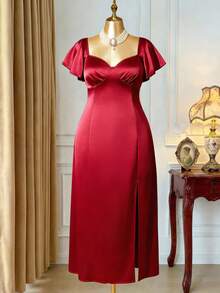 DreamSkyne Plus Size Women Elegant Summer Red Satin Midi Dress,Knit Short Sleeve Shiny Burgundy Slit Formal Gown For Prom Night,Curve Elegant Dress - Burgundy - View 6
