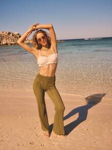 Aralina 轻薄网眼钩编针织度假节日垂坠夏季春季套头裤罩衫性感卡其色 - 軍綠色 - 查看 4