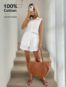 100% Cotton Casual Loose Elegant Commuter Vacation 2 Pieces Set: Collared Button-Front Sleeveless Shirt And Elastic Waist Pocket Wide Leg Shorts, Spring/Summer Casual Summer Outfits Women Cotton Women's Clothes Causal Dresses For Women Summer Casual Outfits For Women Casual Outfit For Women Dress Women Vacation Outfit Sets Women Casual Outfits Women's Summer Outfits Women's Summer Co Ord Casual Dresses For Women Casual Summer Dress Coords For Women Summer Outfit Linen Sets For Women Vacation - White - View 3