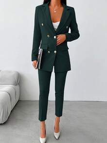 SHEIN Women's Army Green Color Long Sleeve Lapel Collar Commuting Blazer With Button Details And Pocket And Suit Pants With Belt, Suit Set - Dark Green - View 6