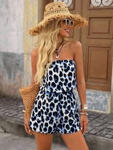 Brillora 女士豹纹吊带连体裤，度假风 - 藍色 - 查看 3