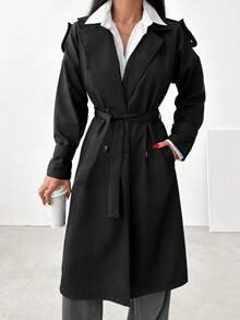 SHEIN Cottnline Gabardina de doble botonadura con cinturón - Negro - Ver 5