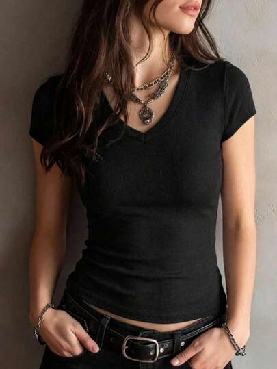 Top crop de cuello en V para mujer, tejido de canalé ceñido de color sólido