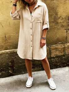 SHEIN Women's Solid Color Cuffed Sleeve Single-Breasted Casual Mid-Length Shirt - Apricot - View 3