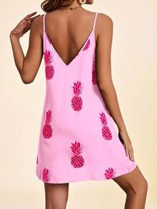 Coeurva Đầm hai dây in hình quả dứa, phong cách thường ngày cho kỳ nghỉ. - Hồng - Xem 2