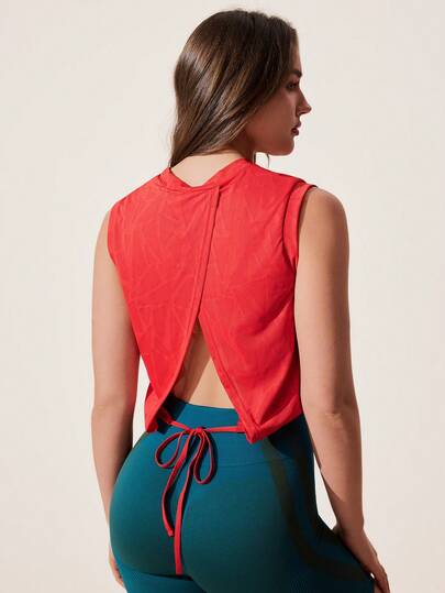 Core Rhythm Solid Color Open Back Tie-Up Cropped Sports Tank Top