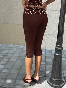 MainGRL Pink Polka Dot Side Slit Casual Slim Fit Brown 7/8 Pants, Women, New Year Casual Wear - Multicolor - View 2