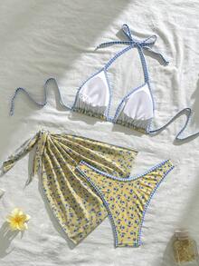 Swim Mod 女士三件套热带碎花吊带系带网纱裙比基尼套装，休闲沙滩派对 - 彩色 - 查看 2