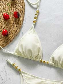 Swim Vcay Solid Color Fabric, Metal Beaded Decor, Elegant Resort Women Swimwear Set - Apricot - View 7