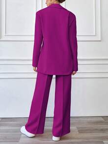 EURMUSE Women's Solid Color Notched Collar Single-Breasted Long Sleeve Jacket And Wide-Leg Pants Casual Office Suit Set - Hot Pink - View 2