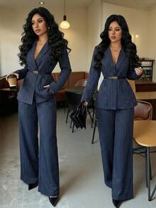 Rafferiza 女士休闲优雅条纹西装套装，春夏款 - 藏蓝色 - 查看 1