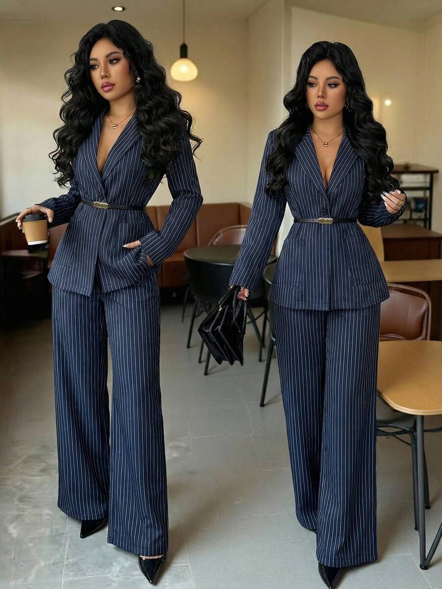 Rafferiza 女士休闲优雅条纹西装套装，春夏款 - 藏蓝色 - 查看 1