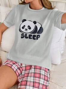 SHEIN 女士纯棉两件套可爱熊猫图案短袖衬衫和格子图案短款家居舒适睡衣套装 - 灰色 - 查看 5
