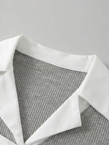 Resyla Summer Romantic, Elegant, Office Commute, Casual Color Block Shirt Collar Short Sleeve Top - Grey - View 6