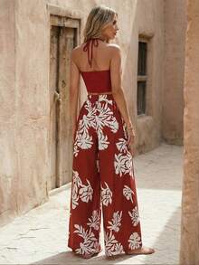 Breezaya 女士时尚优雅休闲度假复古吊带抽绳印花度假弹力腰阔腿裤两件套 - 彩色 - 查看 2