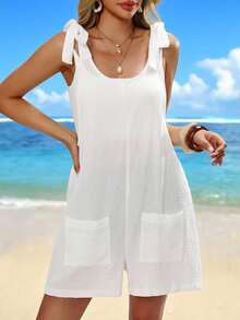 Swim Vcay 女士夏季沙滩系带宽松休闲度假口袋连体裤 - 白色 - 查看 3