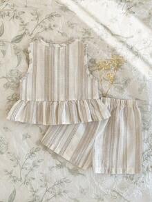 Loomiva Baby Girl Striped Pattern Round Neck Sleeveless Vest And Elastic Waist Shorts 2-Piece Set - White - View 2