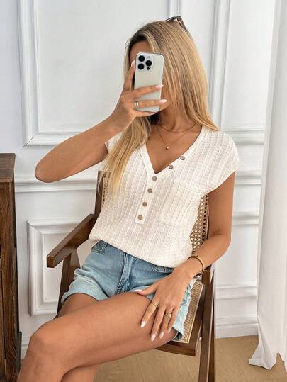 Easowa V-Neck Dolman Sleeve Decorative Button Pocket Pullover T-Shirt, Jacquard Textured Fabric, Casual Relaxed Elegant Commute Resort Style Women T-Shirt, Spring/Summer