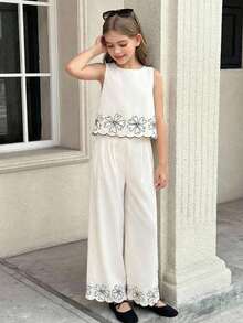 SHEIN Serisse Kids Bộ đồ đi nghỉ mát thanh lịch dành cho bé gái tuổi teen, gồm áo sơ mi thêu và quần ống rộng. - Màu be - Xem 8