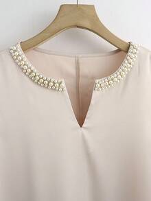 Franclia Women's Spring And Summer Round-Neck Open-Neck Pearl-Embellished Blouse Loose A-Line Short Dress, Spring And Summer Dress, Fashionable And Casual Elegant Dress, Pearl Collar Dress, Fashionable And Elegant Dress, Outwear Clothing - Apricot - View 5