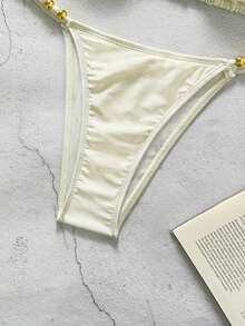 Swim Vcay Solid Color Fabric, Metal Beaded Decor, Elegant Resort Women Swimwear Set - Apricot - View 5
