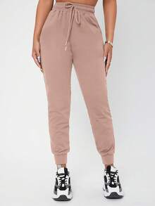 SHEIN PETITE Solid Drawstring Waist Sweatpants - Lilac Purple - View 1