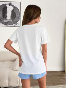 SHEIN Women Cotton 2 Pcs Contrasy Colour Love Lettered Detail Top&Shorts Homewear Pajama Set - White - View 2