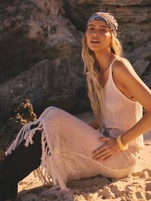 Aralina Two Pieces Fringe Crochet Vacation Festival Stripe Texture Summer Spring Beach Cover Up Tank And Midi Skirt - Apricot - View 5