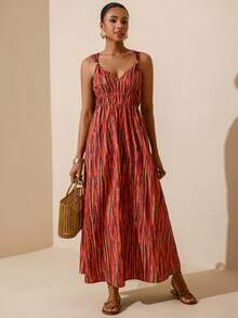 Vesra Bestselling Vacation Tie Dye Pattern Spaghetti Strap Beaded Detail Drawstring Waist Ruched Tie Waist A-Line Dress - Multicolor - View 6