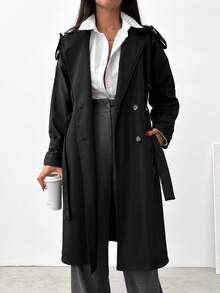 SHEIN Cottnline Gabardina de doble botonadura con cinturón - Negro - Ver 1