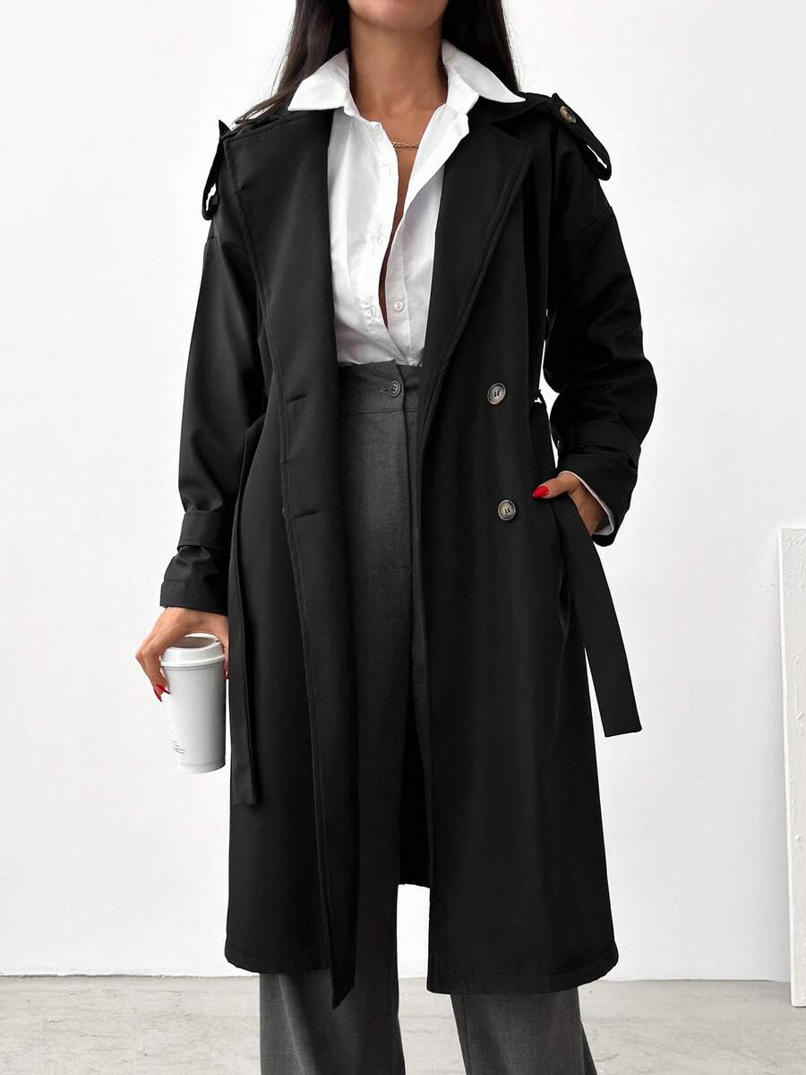 SHEIN Cottnline Gabardina de doble botonadura con cinturón - Negro - Ver 1