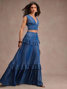 CLARA VERO Denim Ruffle Hem Button Front Vest And Maxi Skirt Set, Slim Fit, Perfect For Street Style, Weekend Brunch, Or Casual Summer Events, Made Of Soft Non-Elastic 100% Polyester Fabric - Dark Wash - View 3