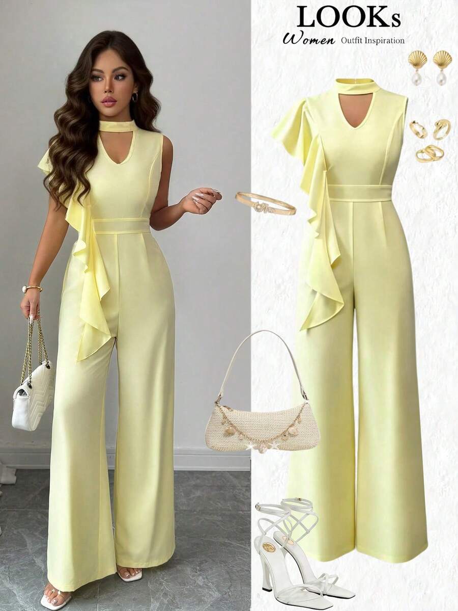 SHEIN Elenzya Bộ jumpsuit nữ dáng suông, cổ lệch vai, eo khoét rỗng, cổ bèo nhún, ống rộng, thanh lịch, thích hợp mặc hàng ngày, đi nghỉ mát, phong cách Pháp thường ngày, đi làm, công sở, hẹn hò lãng mạn, không tay, màu vàng nhạt, thích hợp cho đầu xuân/xuân & hè. - Vàng nhạt - Xem 1