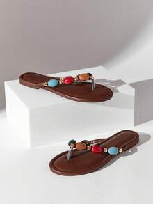 SHUZIA 女士时尚休闲舒适 Thone 平底凉鞋，带彩色宝石装饰 - 朋克时尚、前卫 & - 巧克力棕 - 查看 5