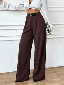EMERY ROSE 女士春夏纯色腰带扣装饰直筒阔腿裤，腰部松紧带阔腿长裤，时尚休闲通勤裤，户外服装，女士夏季服装，夏季长裤，户外长裤，纯色长裤 - 棕色 - 查看 6