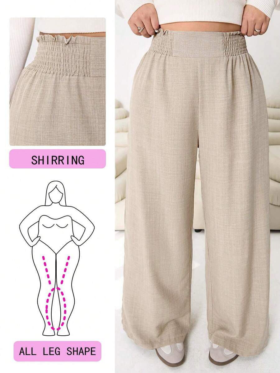 Solflare 2026春夏新款休闲弹力腰阔腿裤，适合外出、日常穿着、聚会、通勤、返校、约会、居家、生日派对等多种场合，宽松版型，米色，大码 - 杏色 - 查看 1
