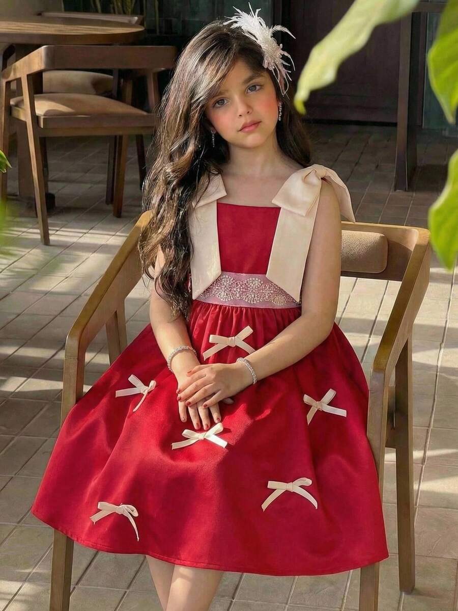 SHEIN Vestido de niña con contraste de color y lazo tejido - Blanco - Ver 1