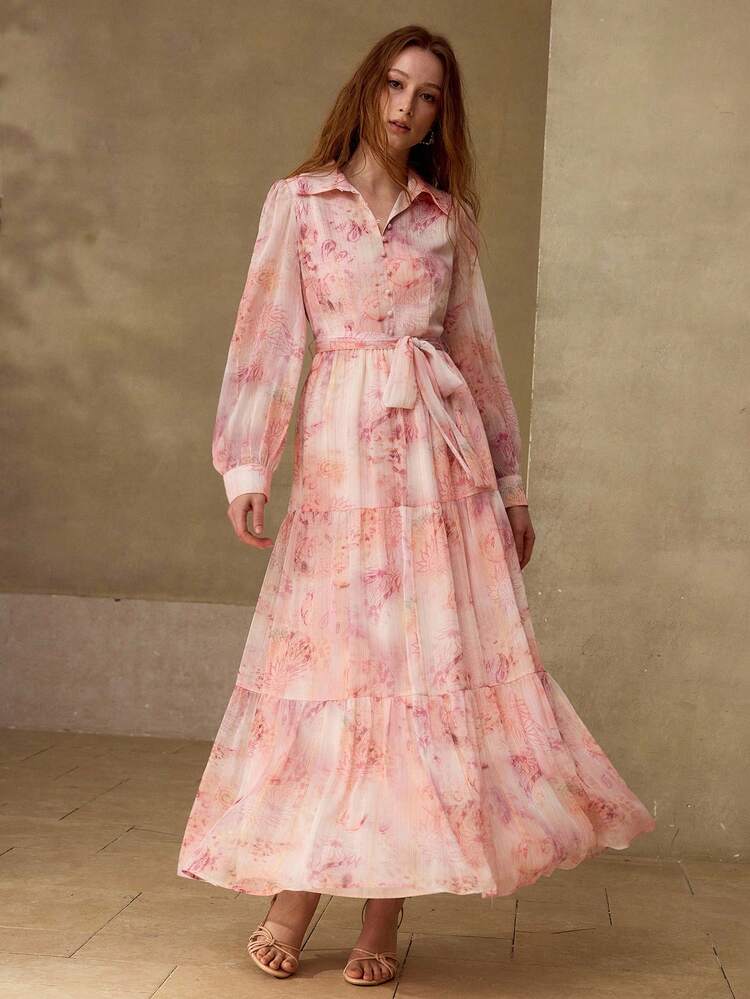 WOMEN'S ELEGANT VACATION FLORAL PRINT WAIST CINCHED DRESS