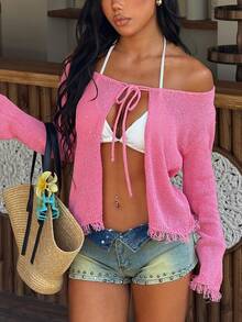 Swim Vcay 2026新款女士泳装到货，适合上学、度假、约会、下午茶、西式、邮轮、海滩、海岛、公路旅行、四季皆宜、音乐节、波西米亚风度假、秋日休闲、西部波西米亚风等场合。优雅钩针编织撞色条纹休闲优雅沙滩度假女式和服罩衫。 - 彩色 - 查看 6