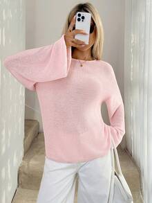 Easowa Asymmetric Shoulder Sheer Knit Sweater, Casual Loose Elegant Commute Vacation Style, Light Pink, Spring/Summer For Women Pink Sweater Pink Off Shoulder Top Knit Tops Sweater Top Off Shoulder Sweater - Baby Pink - View 3