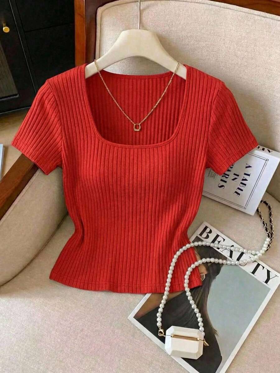 Top ajustado de manga corta con cuello cuadrado y tejido de canalé - Rojo - Ver 1