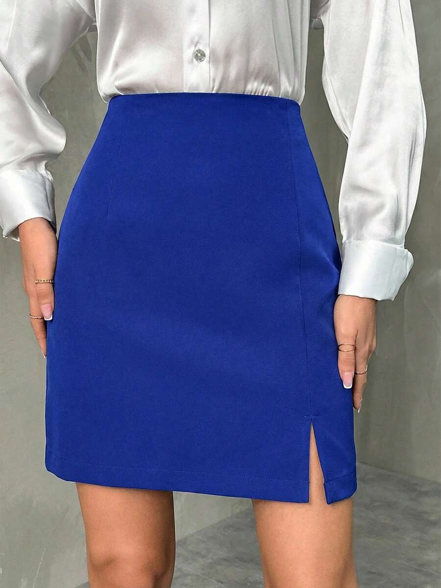 EURMUSE Women's Solid Color Slim Fit Minimalist Design Slit Skirt - Royal Blue - View 1