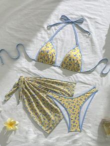 Swim Mod 女士三件套热带碎花吊带系带网纱裙比基尼套装，休闲沙滩派对 - 彩色 - 查看 4
